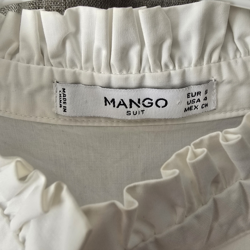 MNG Mango White Embroidered High Neck Puffer Sleeve Button Up Blouse Size 4 - Picture 4 of 5